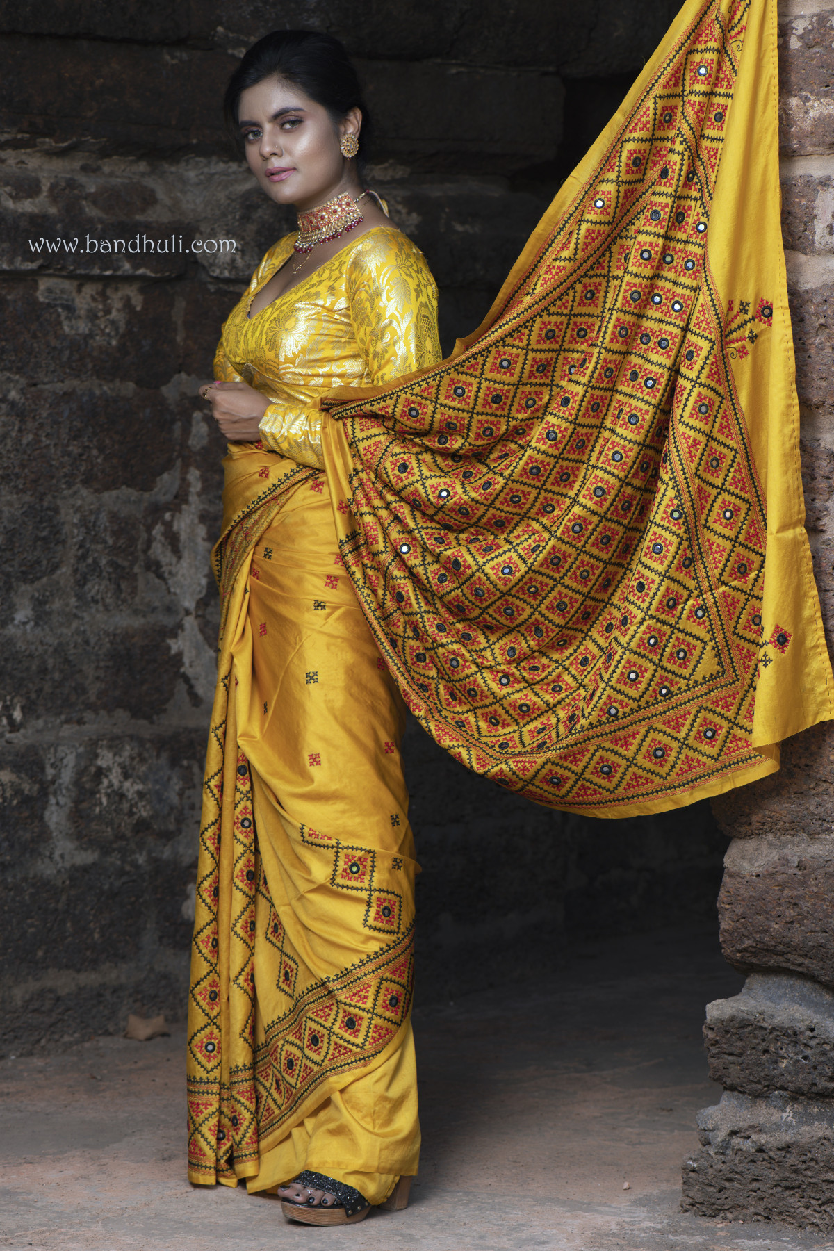 Hand Embroidery Gujrathi stitched Golden Yellow Color silk saree